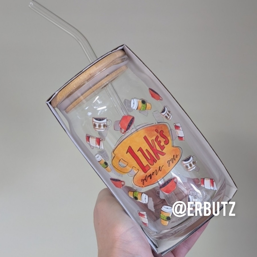 Gilmore Girls LUKE'S Glass Tumbler w/ Straw & Lid, Double Sided Coffee Design ☕